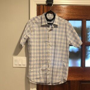 NWT David Donahue Light Blue Plaid Button Down Short Sleeve Shirt